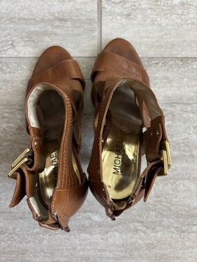 Michael Kors Cognac Leather Open-Toe Wedge Heels